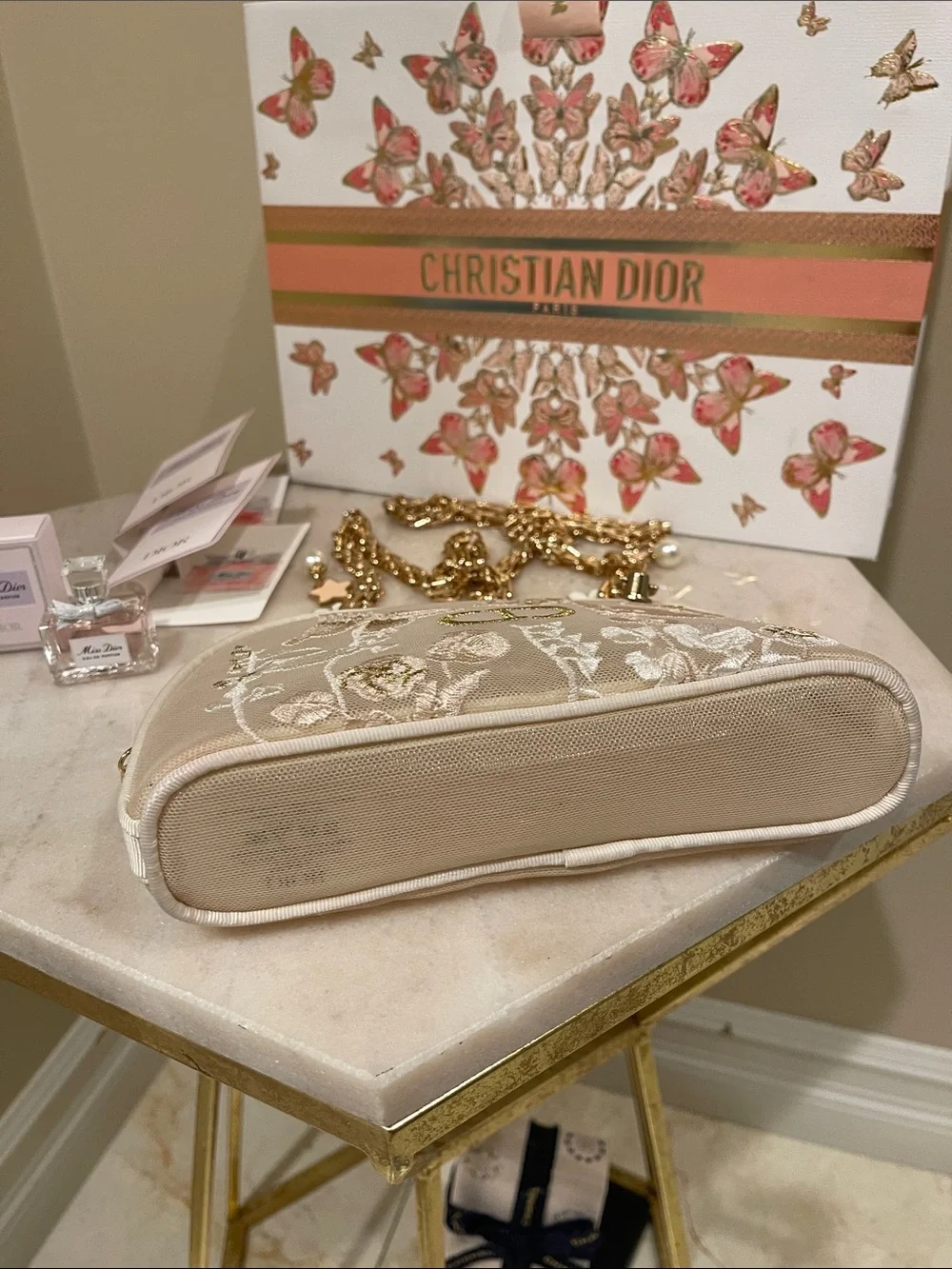 Dior Cream Embroidered Cosmetics Bag with Gold CD Charm and Floral Accents